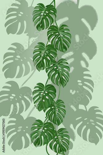 Stylized monstera deliciosa leaves in shades of green on a pastel background