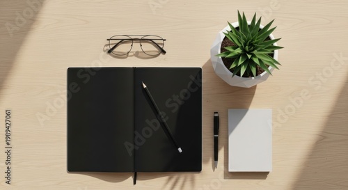 Minimalist workspace with notebook and plant
