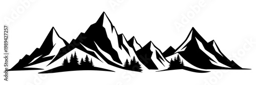 Silhouette mountain range and forest isolated on white background, vector design
