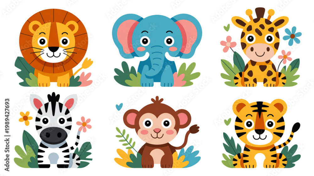 Fototapeta premium Cute Safari Animals Vector Set Jungle Creatures and Floral Elements Collection