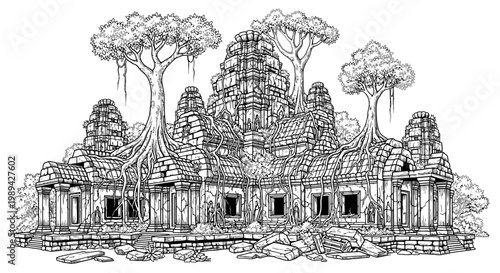 Ancient jungle temple ruins illustration with trees and roots, hand-drawn historical architecture