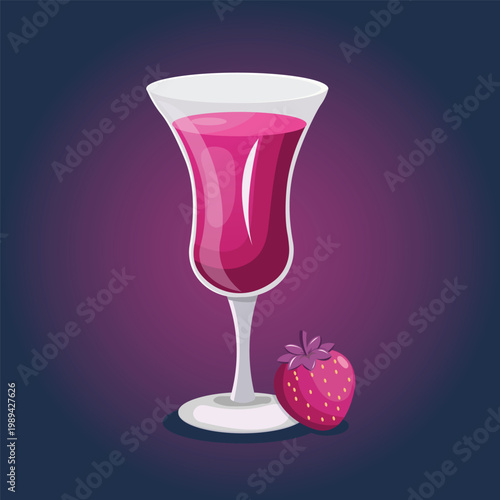 A stylish illustration of a tall glass filled with pink strawberry drink, paired with a fresh strawberry, set on a dark gradient background creating a refreshing and elegant look