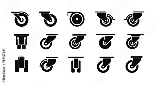 Collection of caster wheel icons in a minimalist black style silhouette