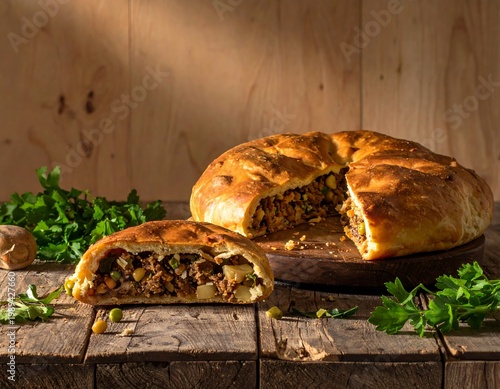 Golden Brown Savory Meat Pie With Vegetable Filling On Rustic Wooden Table With Fresh Parsley And Dramatic Side Lighting