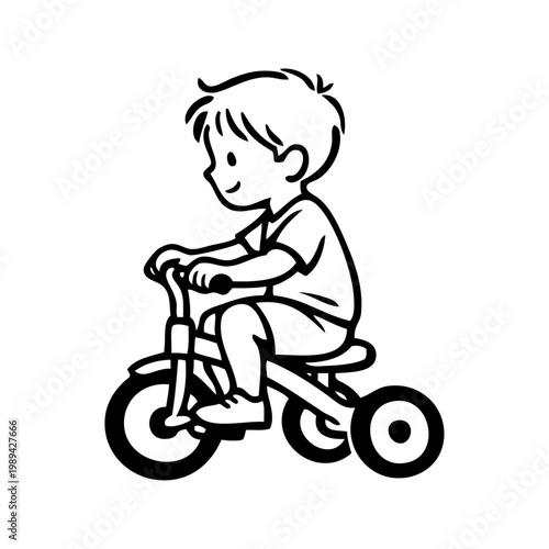 Logotipo con dibujo minimalista con líneas de un niño pequeño pedaleando en su triciclo