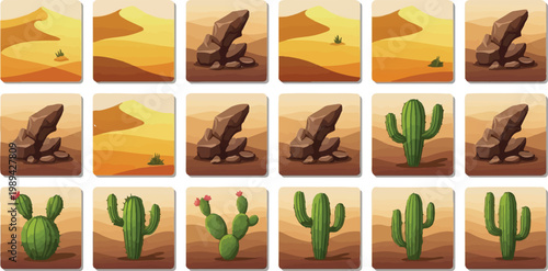 Desert landscape game tiles, set of 18 cartoon desert environment icons with sand dunes and rocks, isometric cactus plant vector illustrations for mobile gaming UI design