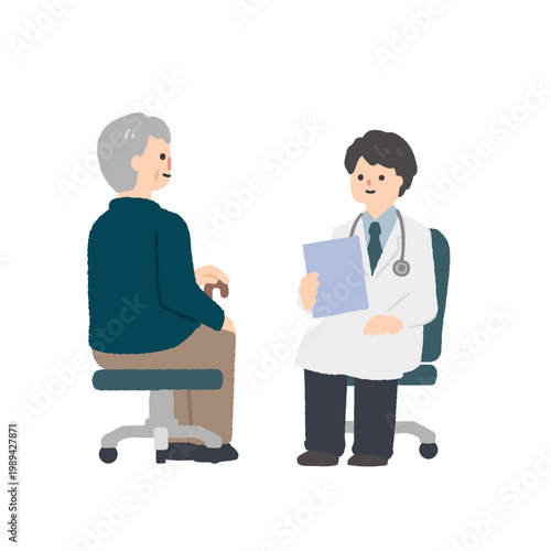 医師と高齢男性患者の診察・医療相談イラスト / Illustration of a doctor examining an elderly male patient in a hospital or clinic