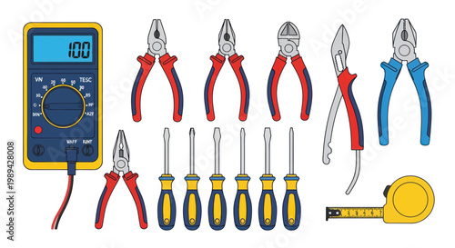 Electrical Tools Set: Multimeter, Pliers, Screwdrivers, Tape Measure