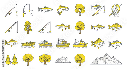 Fishing and Outdoor Recreation Icons: Rods, Fish, Boats, Trees, Mountains