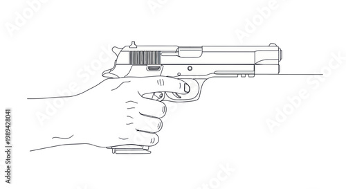 Hand Holding Pistol, Line Art Illustration, Weapon Concept