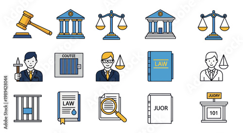 Law and Justice Icons: Gavel, Scales, Court, Judge, Law Book, Jail Cell
