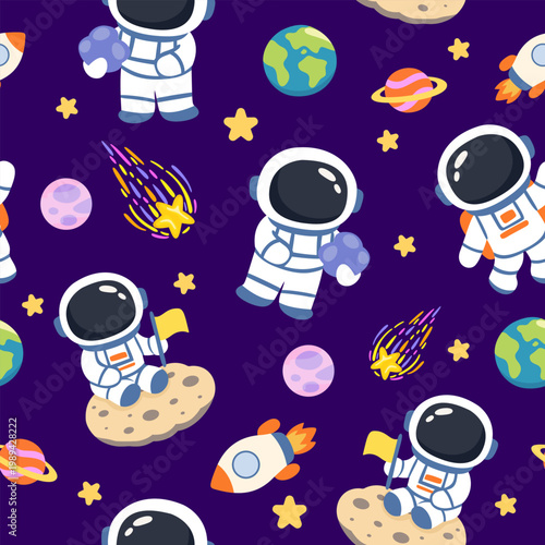 Seamless outer space pattern with cute astronauts rockets planets stars and comets on dark purple background in playful cartoon flat illustration style