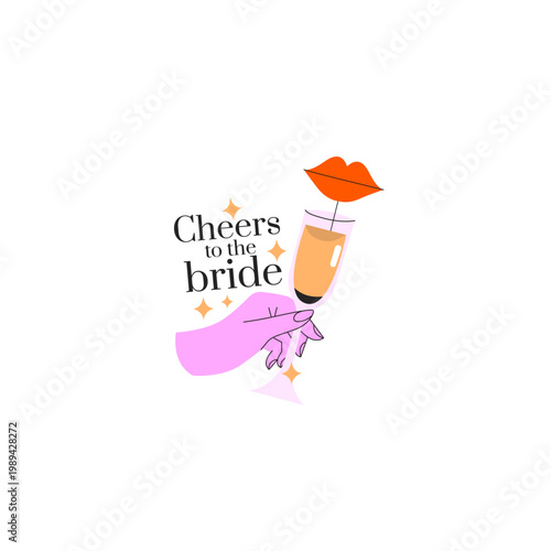Cheers to the Bride and Celebration Drinks Silhouette Isolated on White Background ,Hand Holding Champagne Flute, Lips Graphic