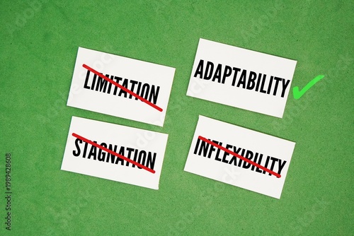 The words Growth Mindset and Fixed Mindset, which are Limitation, Stagnation, Inflexibility and Adaptability. positive or negative mindset. ability to easily adjust, change, or modify behavior 