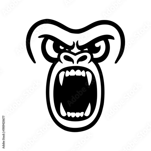 Dibujo minimalista con líneas de la cabeza de un simio enojado con la boca abierta enseñando los colmillos, mirando de frente
