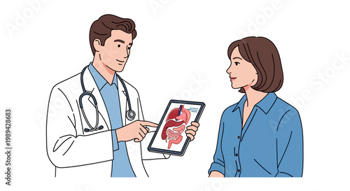 Doctor showing patient digestive system illustration on tablet, medical consultation