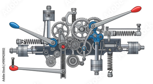 Complex Mechanical Machine with Gears, Levers, and Springs - Detailed Engineering Illustration
