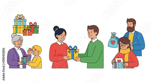 Diverse families exchanging gifts, celebrating joy and togetherness with presents