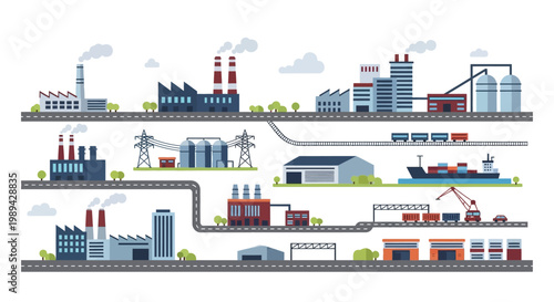 Industrial landscape with factories, power lines, and transport - vector illustration