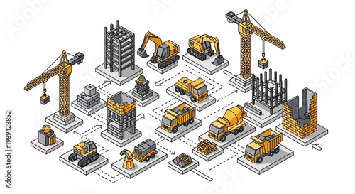 Pixel Art Construction Site with Cranes, Excavators, and Buildings
