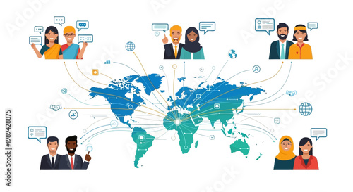 Global Communication Network: Diverse People Connecting Worldwide via Digital Technology