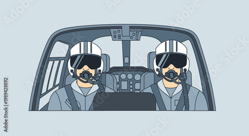 Two pilots in cockpit wearing helmets and oxygen masks, flying aircraft