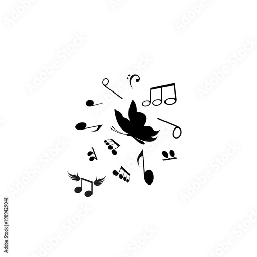 Artistic Butterfly Swarm with Musical Notes and Melodic Patterns isolated on White Background