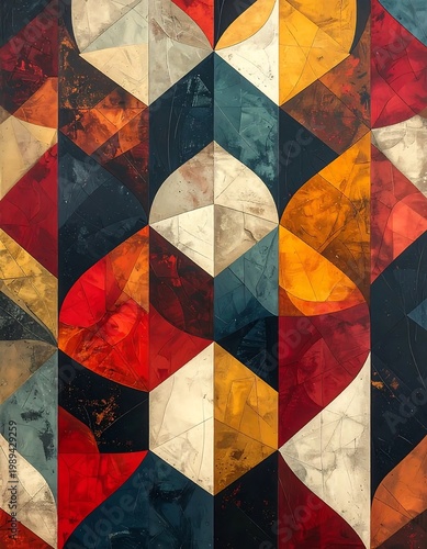 Abstract Geometric Pattern With Colorful Triangles And Circular Segments Gritty Texture In Red Orange Blue And Neutral Tones