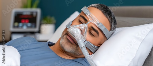 Elderly man rests in hospital bed wearing cpap mask with medical background and teal wall, captured with luxury photography and clear details