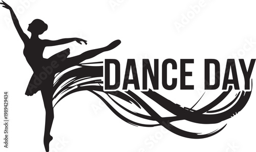 Dance Day vector illustration with ballet dancer silhouette and abstract flowing lines celebrating graceful movement