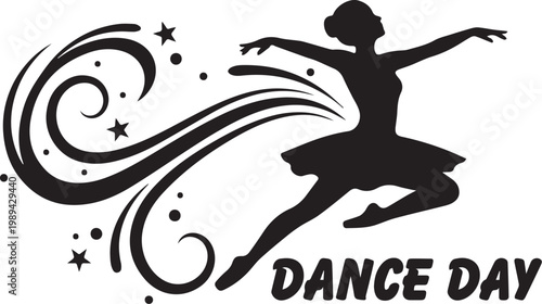 Dance Day vector illustration with ballet dancer silhouette, decorative swirls, and stars celebrating movement