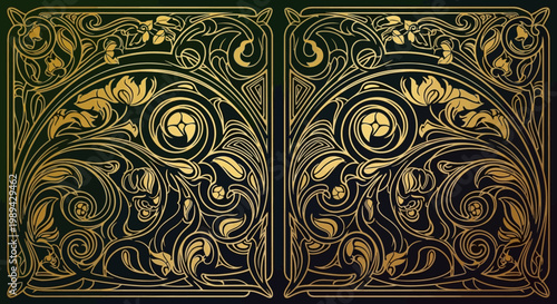 Elegant Gold Art Nouveau Floral Pattern on Dark Background