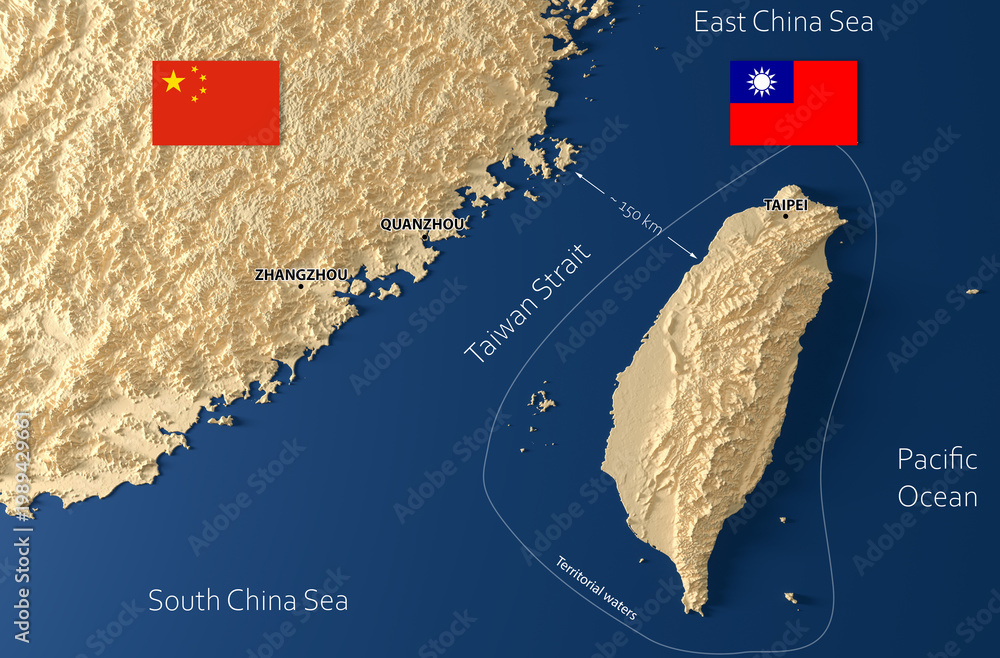 Obraz premium Taiwan Strait Topographic Map with China and Taiwan National Flags - 3D rendering