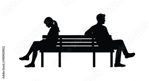 A couple sits apart on a park bench displaying emotional distance silhouette