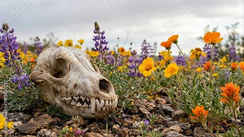 Static close up of animal skull resting among blooming wildflowers on rocky desert ground during overcast spring daytime