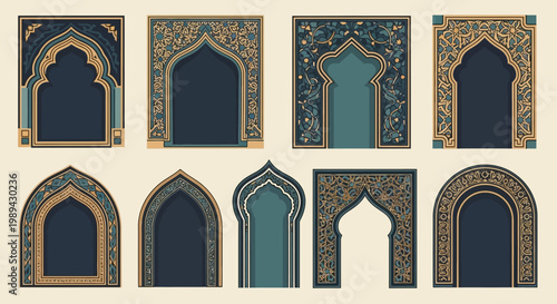 Set of Decorative Islamic Arch Frames with Ornate Geometric Patterns