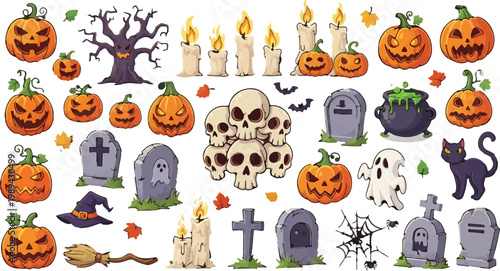 Halloween vector clip art set with spooky jack o lantern pumpkins and skulls. Cartoon horror elements including ghosts, gravestones, and black cat. Creepy holiday celebration icons.