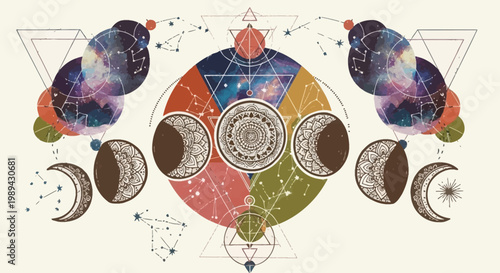 Celestial Moon Phases and Sacred Geometry Mandala Illustration