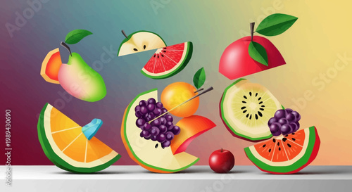 Colorful Assorted Fruit Slices and Berries Floating Composition