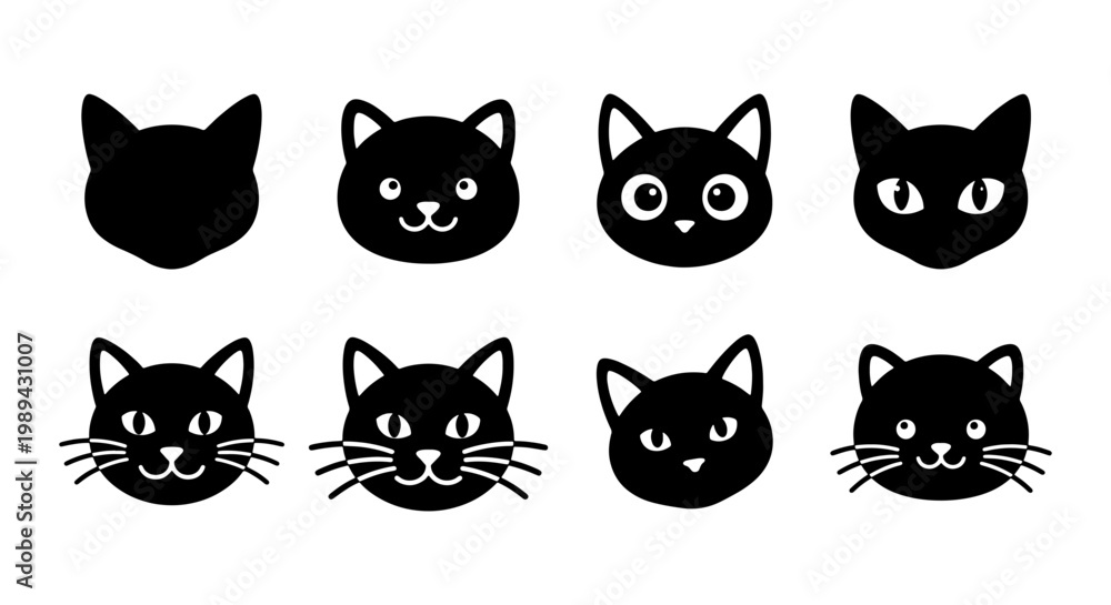 Obraz premium Black cat head icons set, 8 minimalist feline face silhouettes, cute kitten character avatars, flat vector animal graphics for logos and stickers