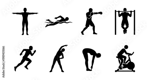 Fitness and sport icons set, black silhouettes of people exercising, 8 vector elements for gym and workout infographics, athletic training symbols