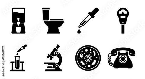 Black solid icons set of 8 vector elements, laboratory equipment and household objects, microscope and science icons for infographic design