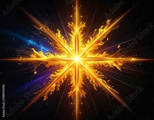 Golden Celestial Star With Radiating Light Rays And Fluid Textures On A Dark Space Background With Glowing Particles And Nebula Wisps