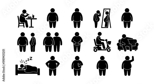 Obesity and overweight lifestyle icons set, 15 black stick figure pictograms of fat people, sedentary habits and health issues vector collection