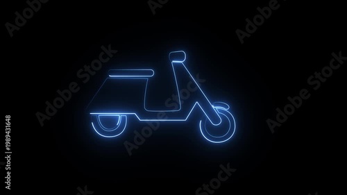 blue neon sign in the shape of a scooter.  4k animation videos with neon light effect.