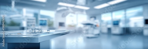 Modern hospital laboratory interior with medical equipment, sterile clinic room background, healthcare technology concept