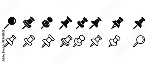 Minimalist push pin icon set, black and white thumbtack vector collection, office stationery map markers for business organization and planning