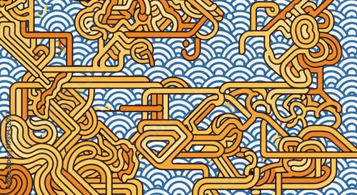 Abstract Geometric Line Pattern with Traditional Japanese Wave Background