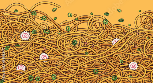 Hand Drawn Illustration of Japanese Ramen Noodles with Narutomaki and Green Onions