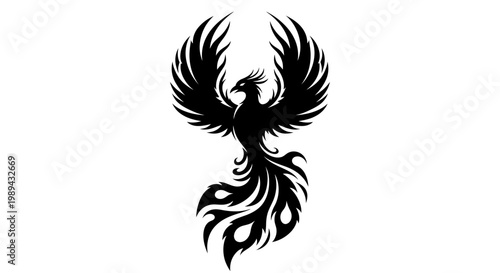 Black phoenix mythical bird silhouette with spreading wings, a symbol of rebirth, strength, power, and eternity. Graphic design element.
